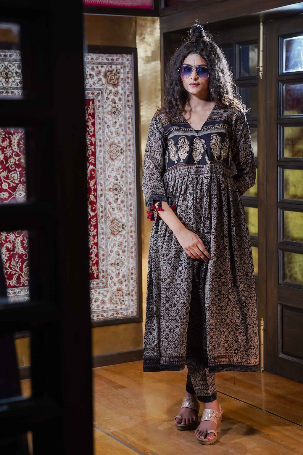 Ajrak Kurti Set with Paisley Print and Gold Detailing