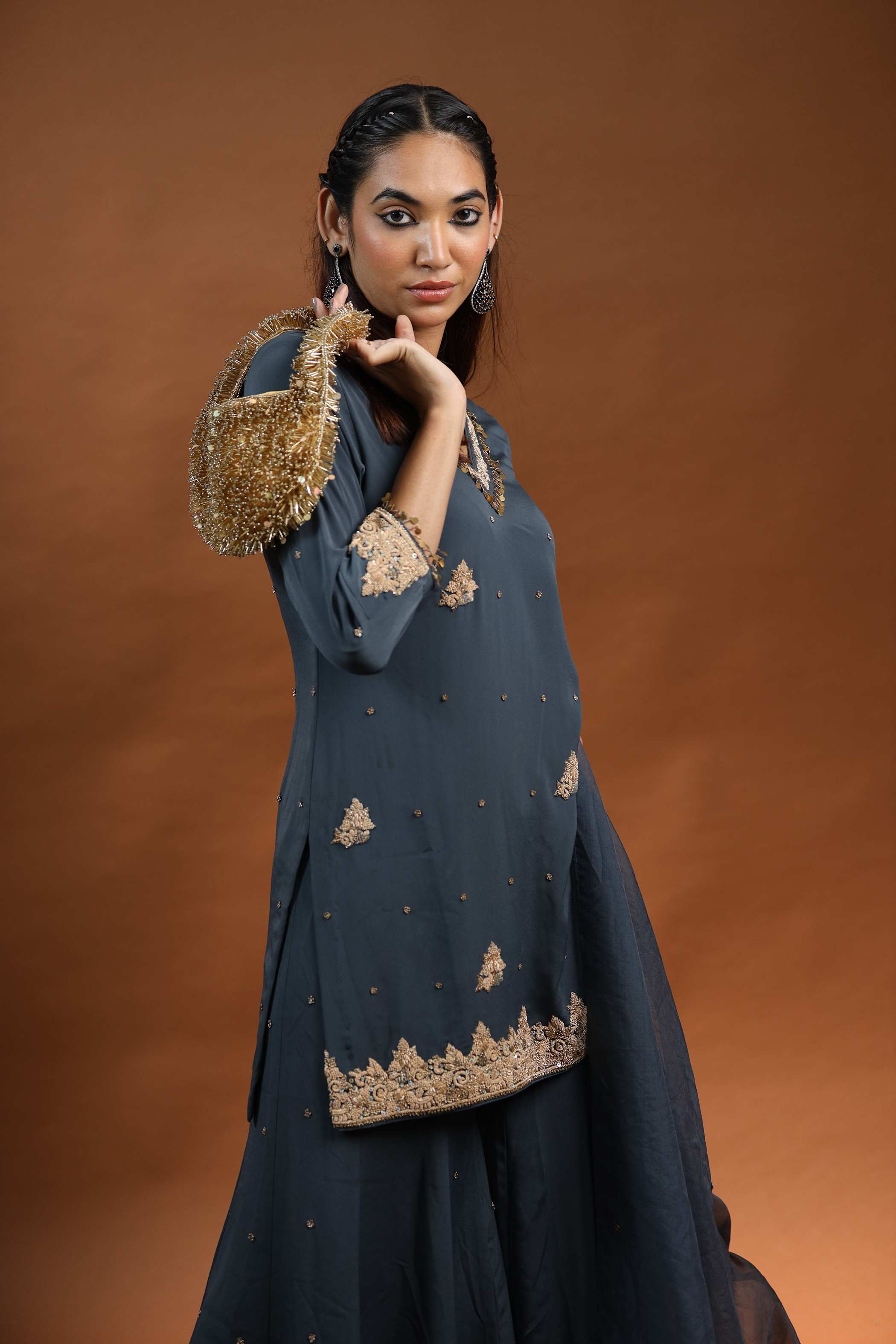 Gold Embroidered Kurti Set with Floral Motifs and Dupatta