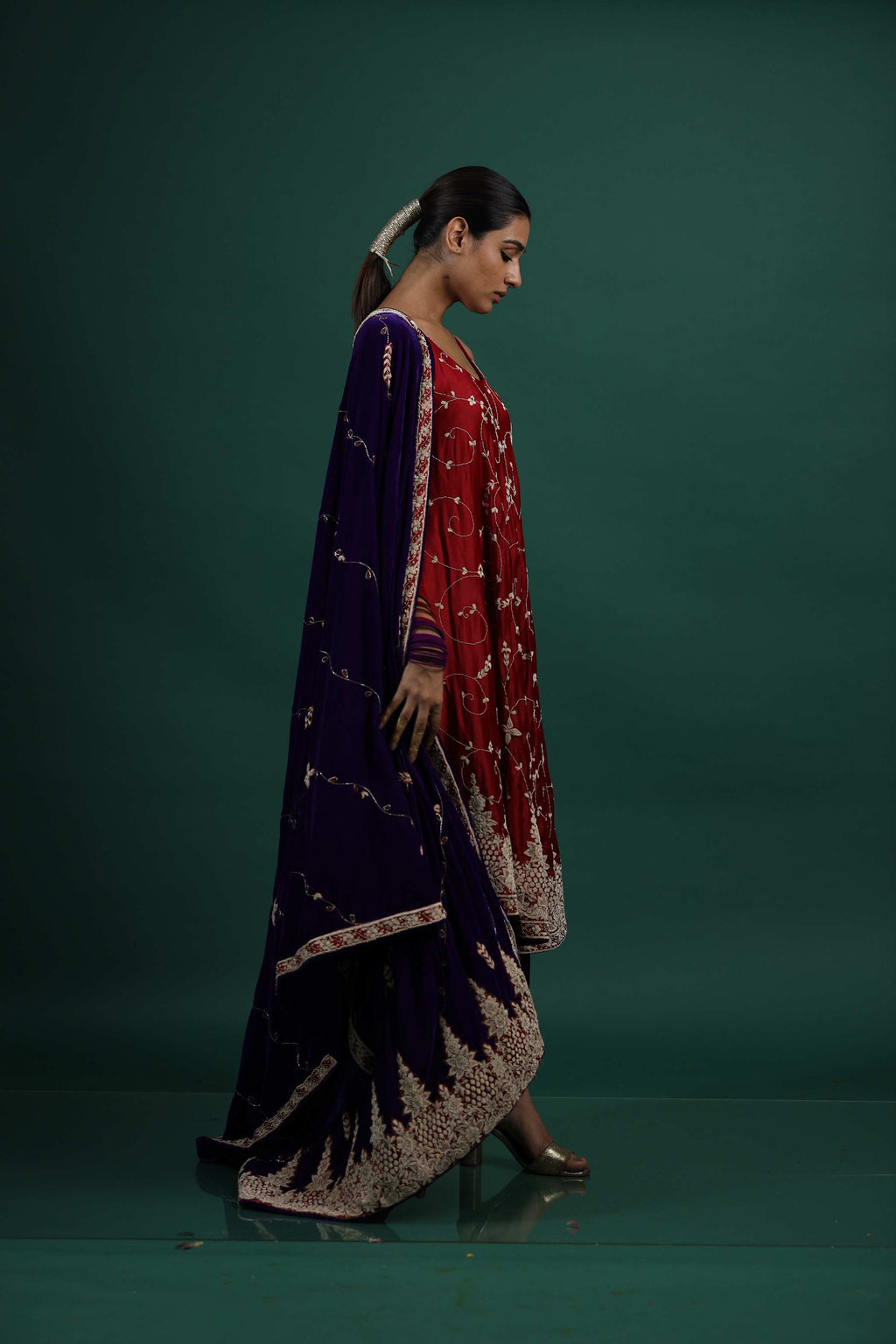 Red Kurti with Intricate Ivory Embroidery and Flowing Dupatta
