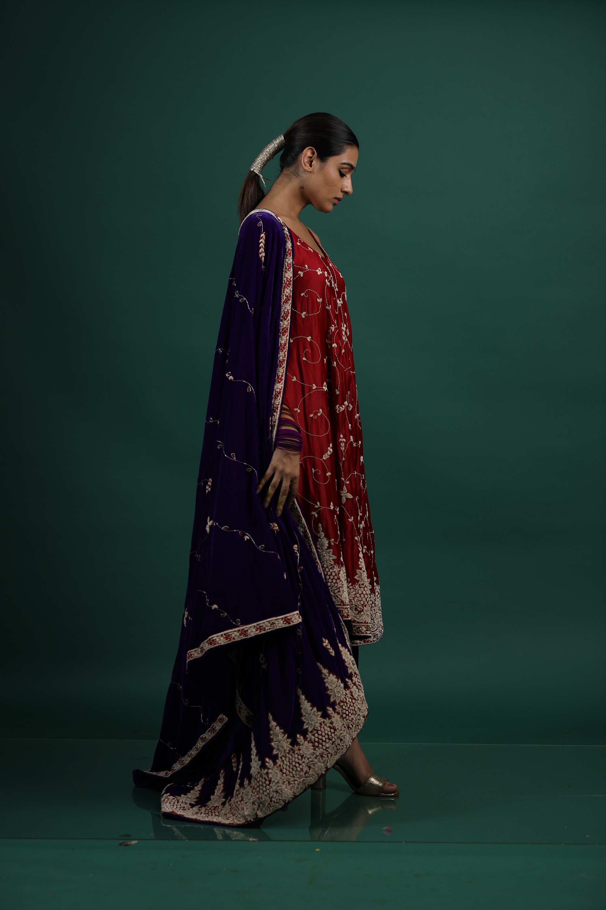 Red Kurti with Intricate Ivory Embroidery and Flowing Dupatta
