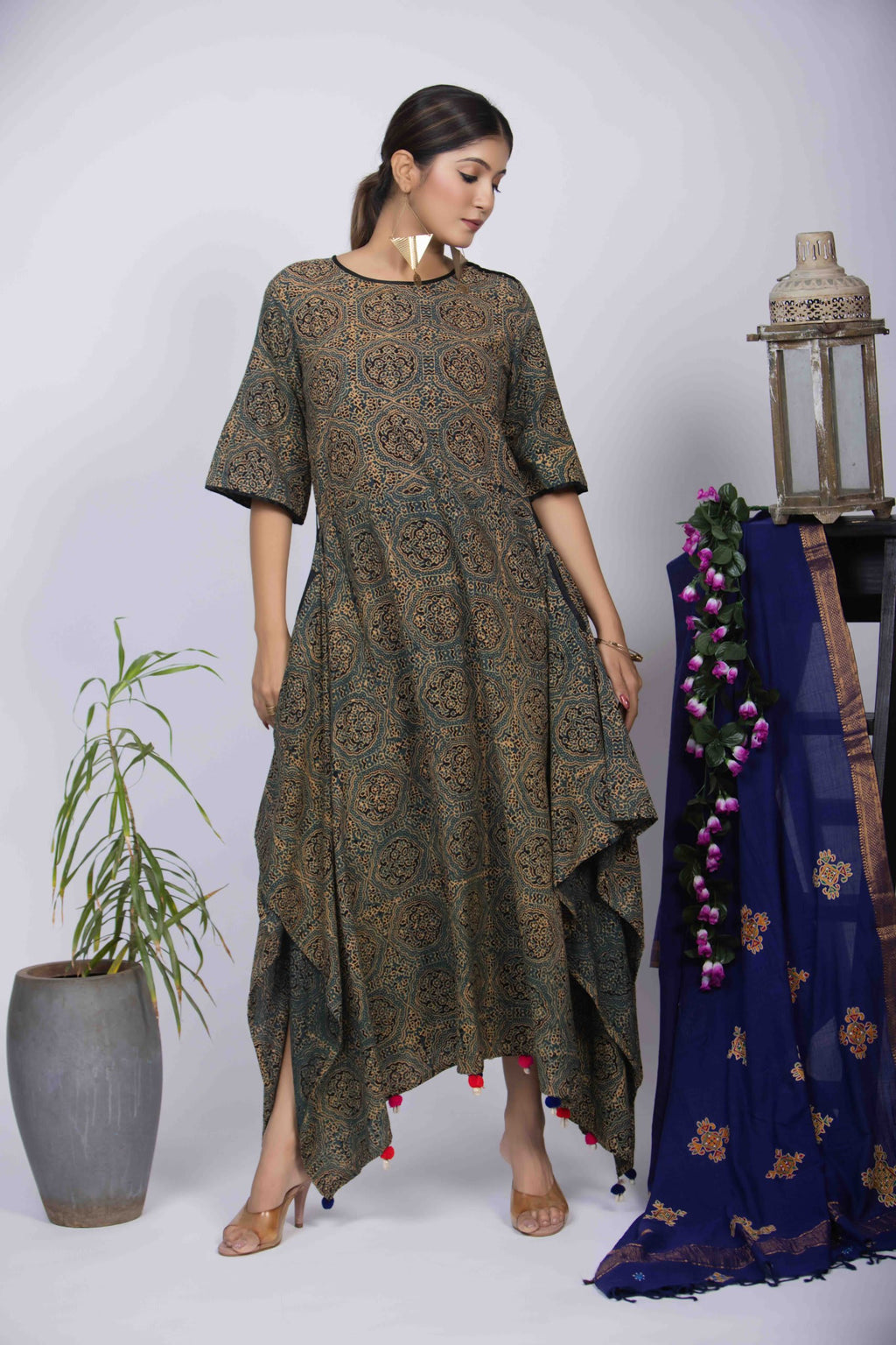 Dusty Green Ajrakh Block Print Dress with Pom-Pom Detailing