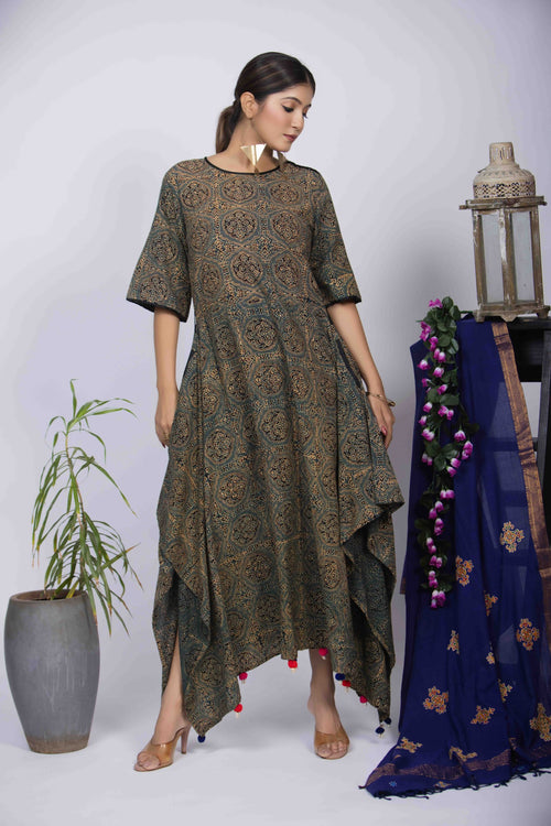 Dusty Green Ajrakh Block Print Dress with Pom-Pom Detailing