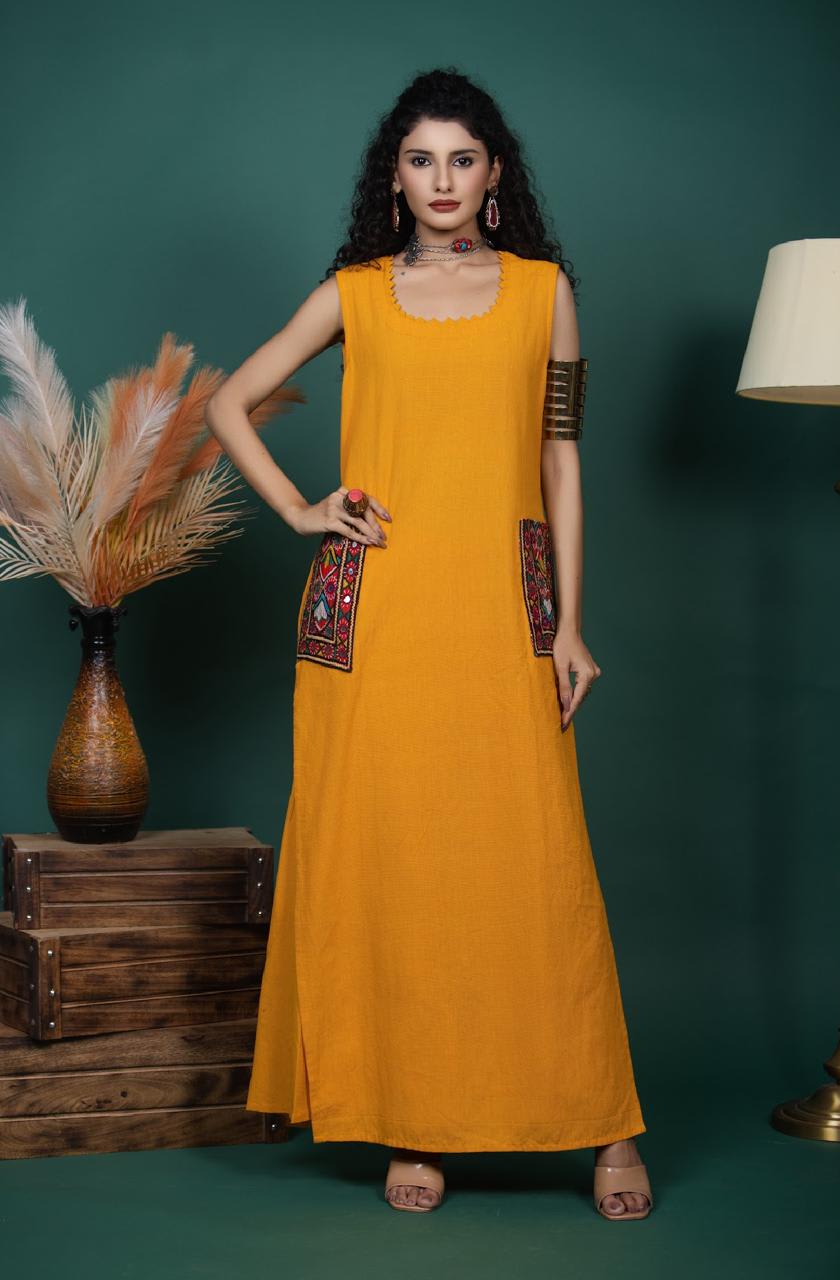 Yellow Cotton Dress with Hand-Embroidered Pockets and Scalloped Neckline
