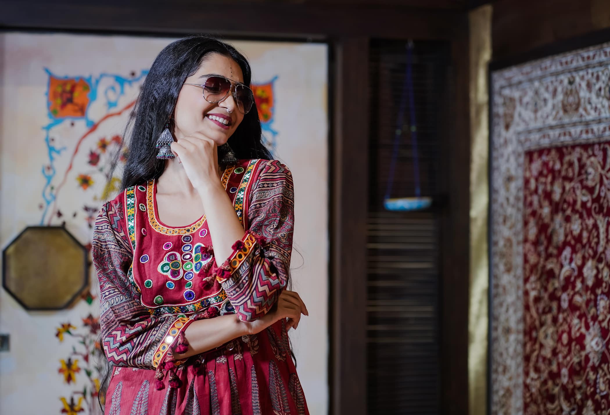 Red Kurti Set with Intricate Embroidery and Mirror Work