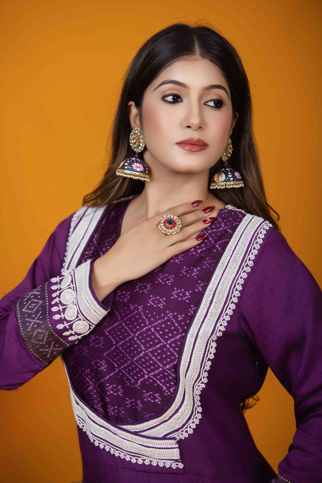 Purple Anarkali Set - Embroidered Monga Silk with Ikkat Detailing