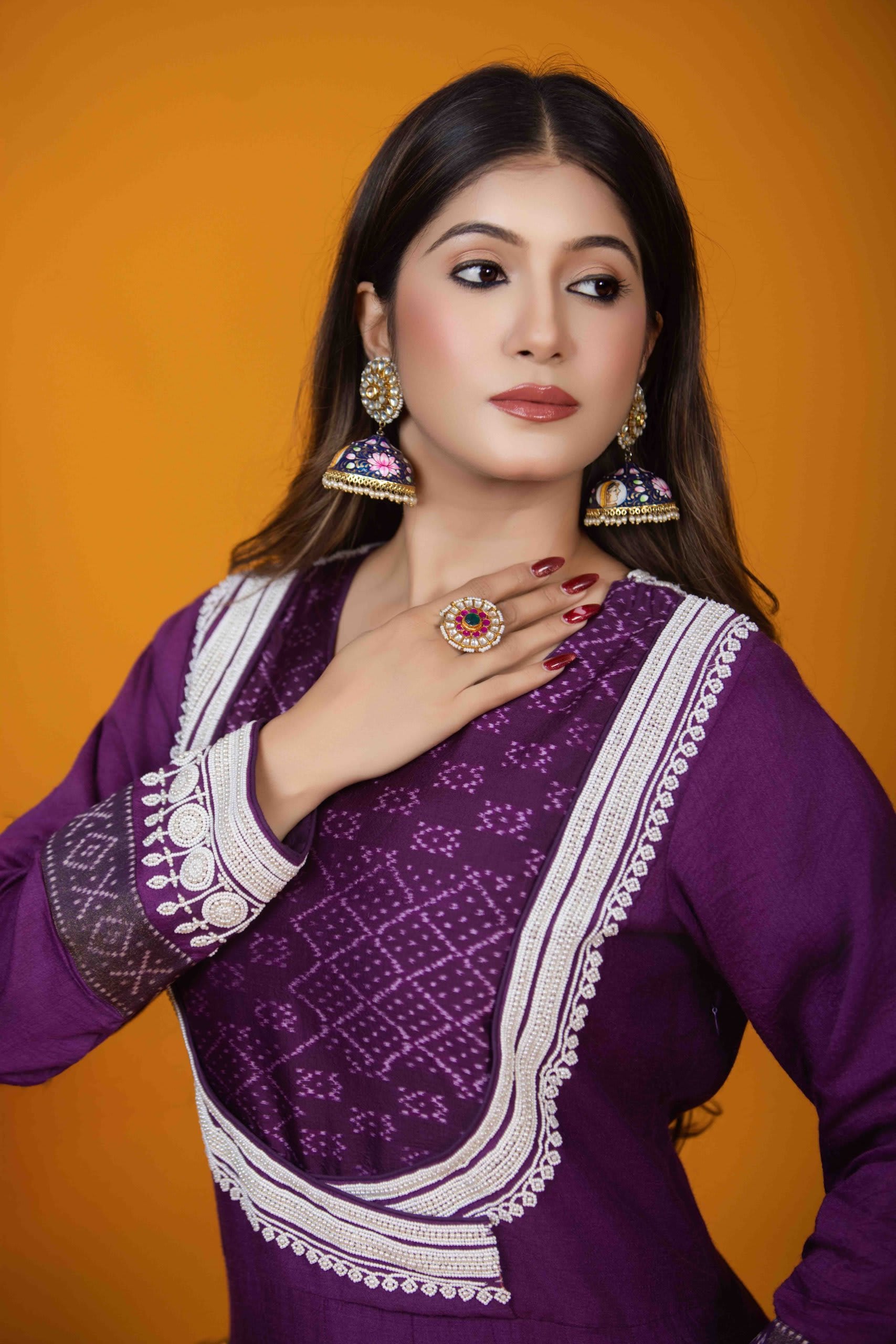 Purple Anarkali Set - Embroidered Monga Silk with Ikkat Detailing