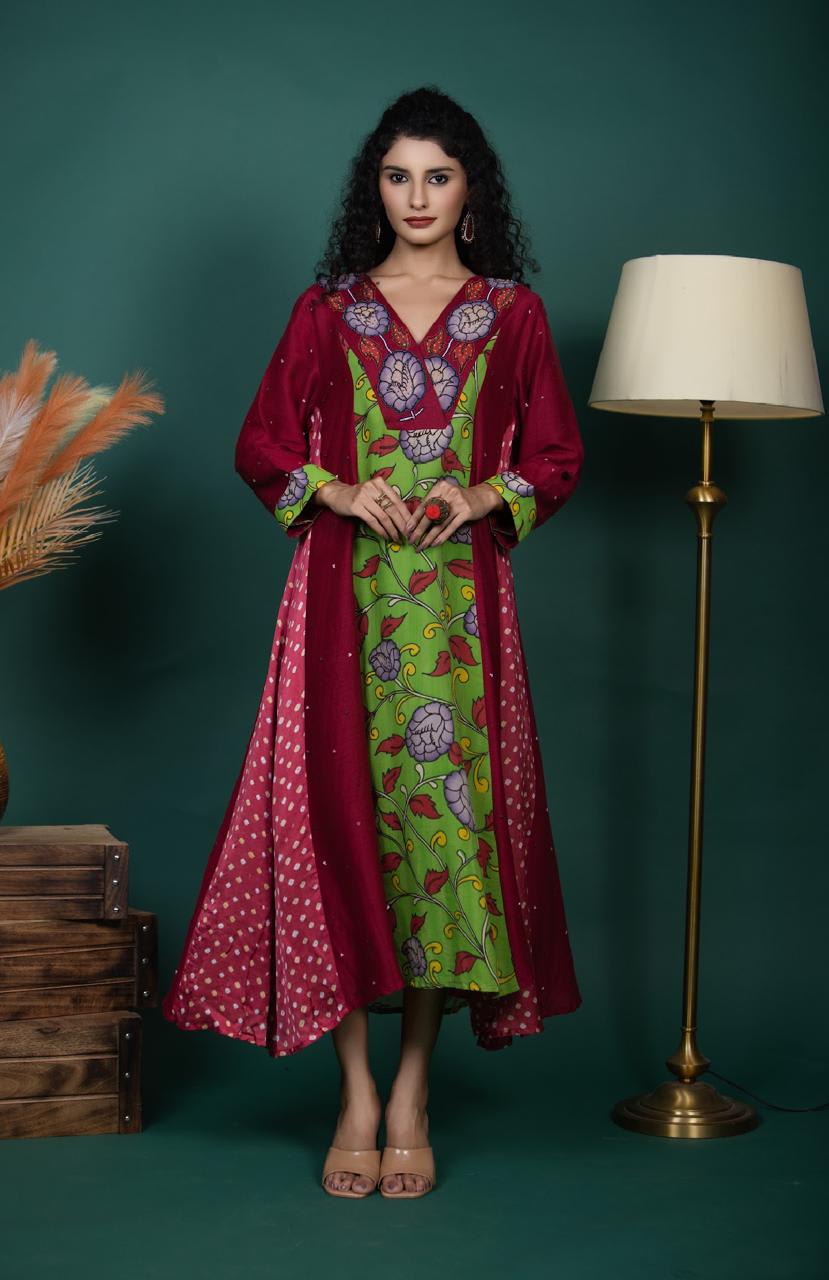 Red Silk Kurti with Hand-Painted Kalamkari and Beaded Detailing