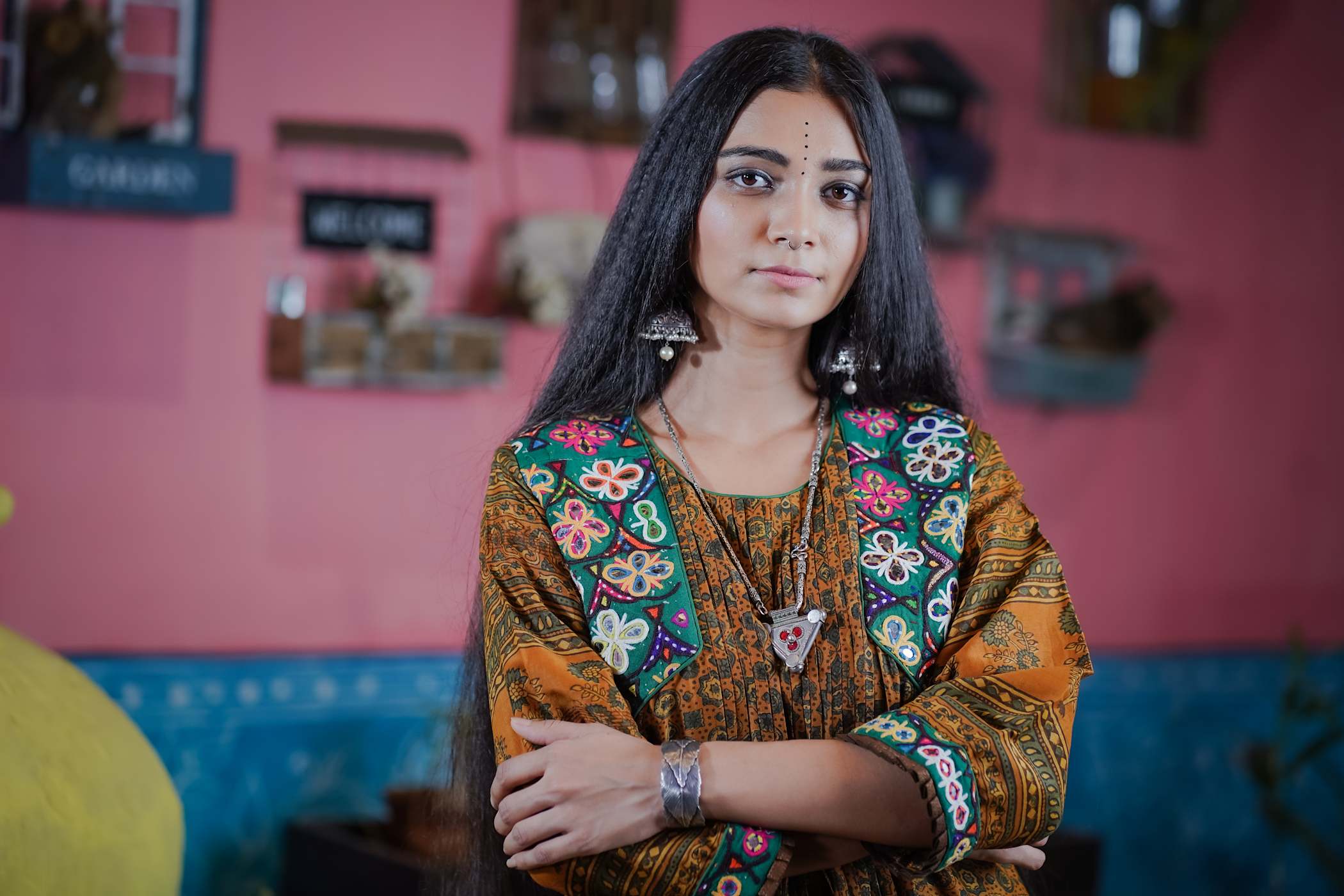 Rust Ajrak Kurti Set with Embroidered Floral Yoke and Flowing Fit